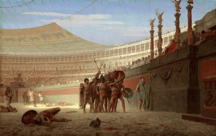 Peinture de 1859 : des gladiateurs saluent dans une arène pleine, sous un vélum tendu.