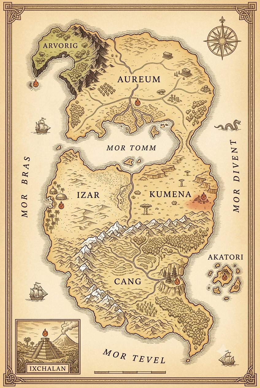 Carte du monde connu : l’Arvorig au nord-ouest, l’Hégémonie d’Aureum au nord, la Mor Tomm en golfe intérieur, le Califat d’Izar et l’Empire de Kumena au centre, l’Empire de Cāng occupant tout le sud, l’archipel d’Akatori à l’est, et Ixchalan en vignette.