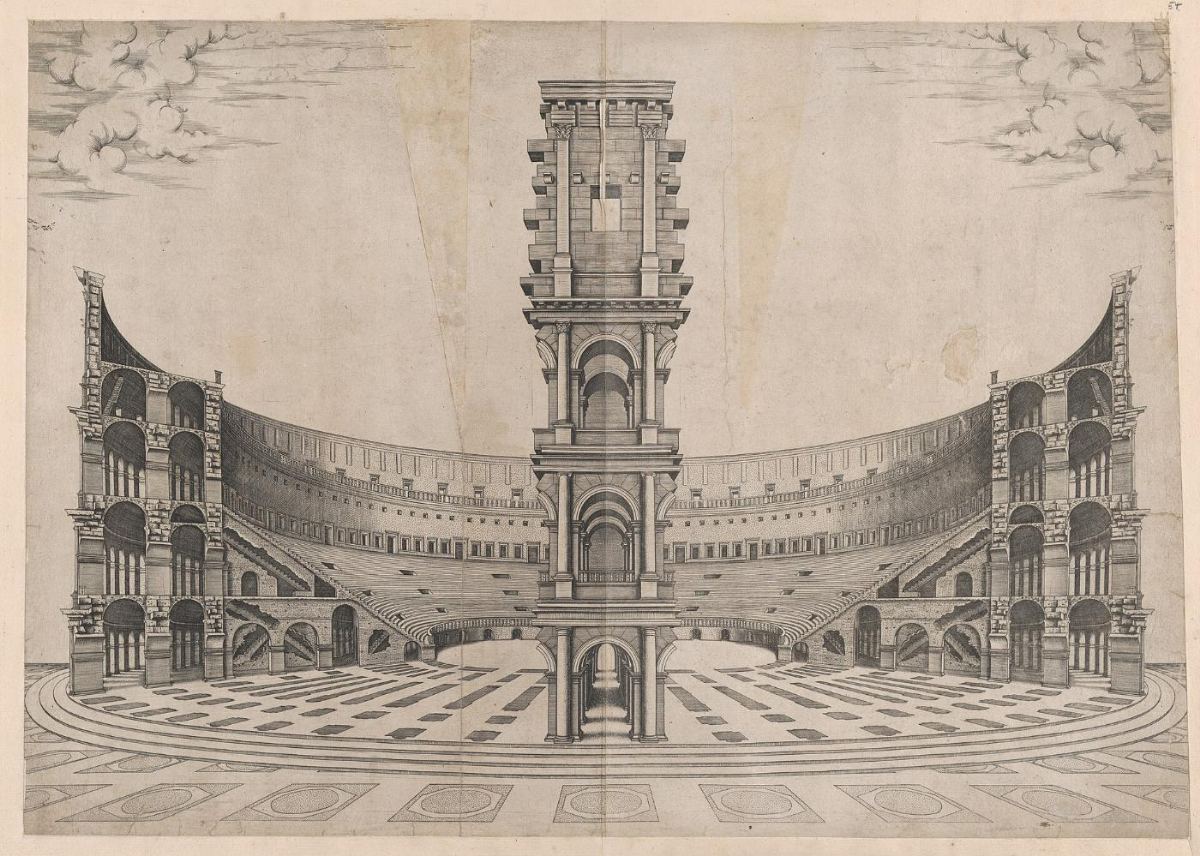 Gravure de la Renaissance : l’intérieur du Colisée reconstitué entier, ses gradins et son arène.